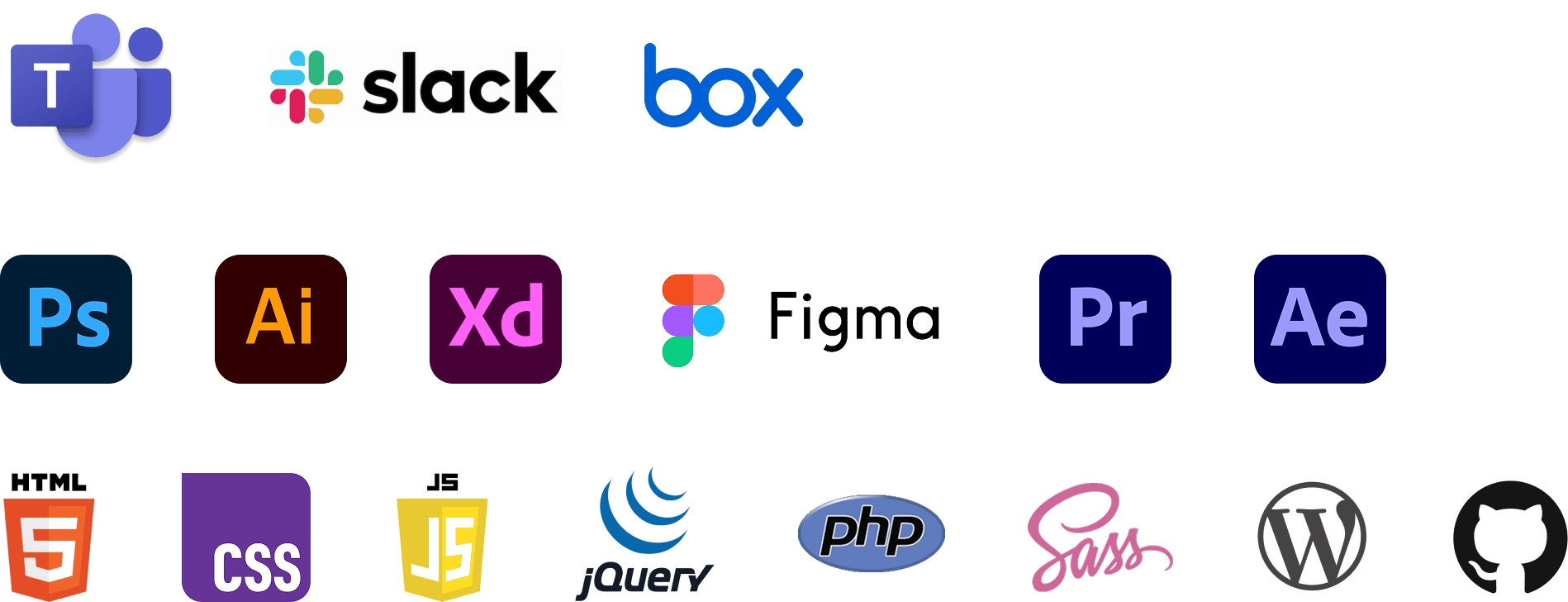 プロジェクト管理、各種チャットツール、デザイン、システム開発など制作業界で一般的なツールのロゴ